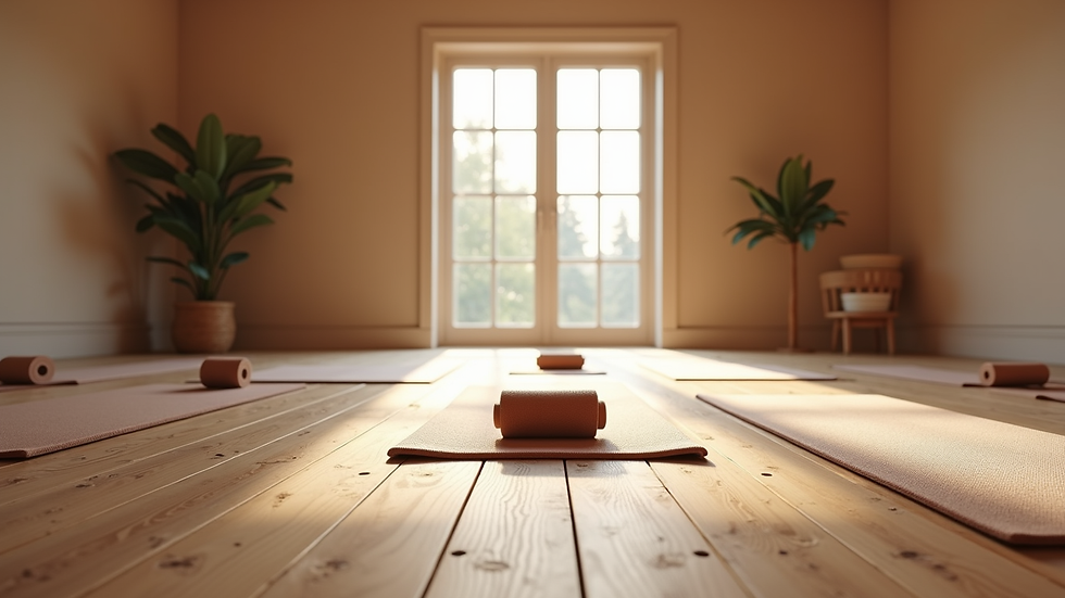 Eye-level view of a cozy yoga studio with mats neatly arranged