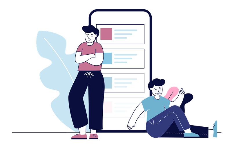 Illustration of two boys leaning on a mobile phone.