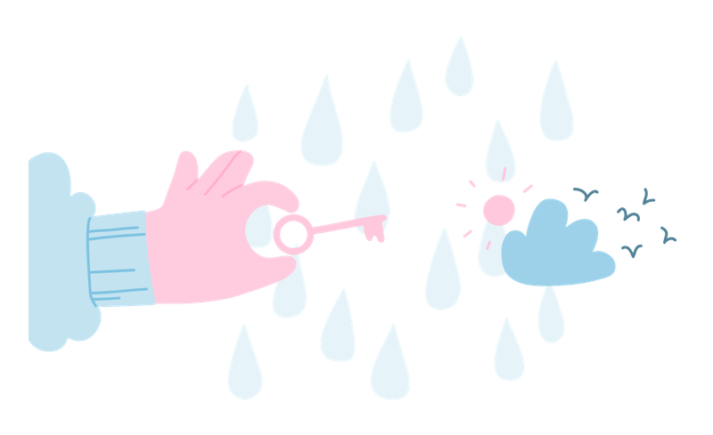 Illustration of a hand holding a key, and one the right are some clouds, the sun and flying birds above the cloud.