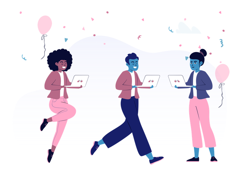 Illustration of three people celebrating, with all holding a laptop.