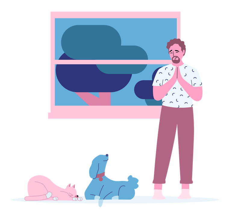 Illustration of a man at home with two pets.