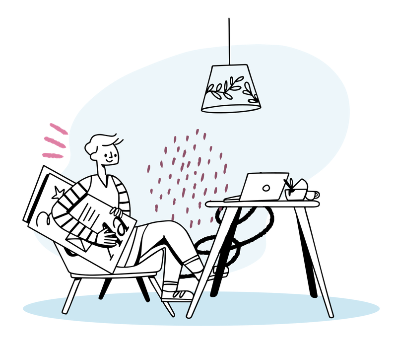 Illustration of a man sitting at his desk, thinking.