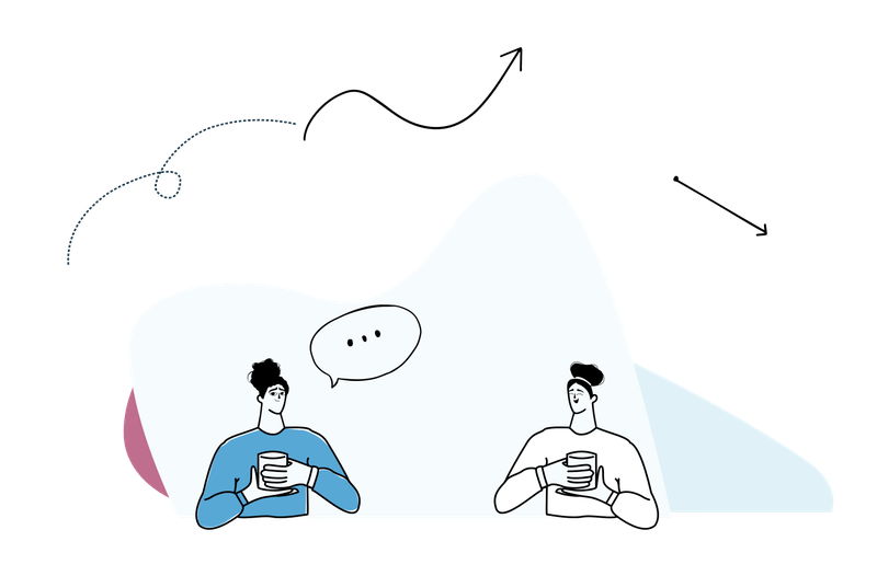 Illustration of two men chatting and drinking tea.