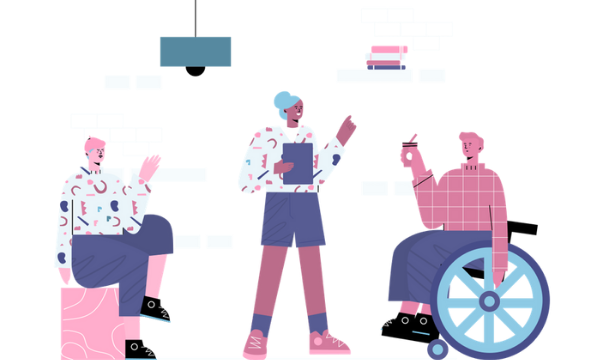 Illustration of three people talking. One person is in a wheelchair whilst another is holding a clipboard.