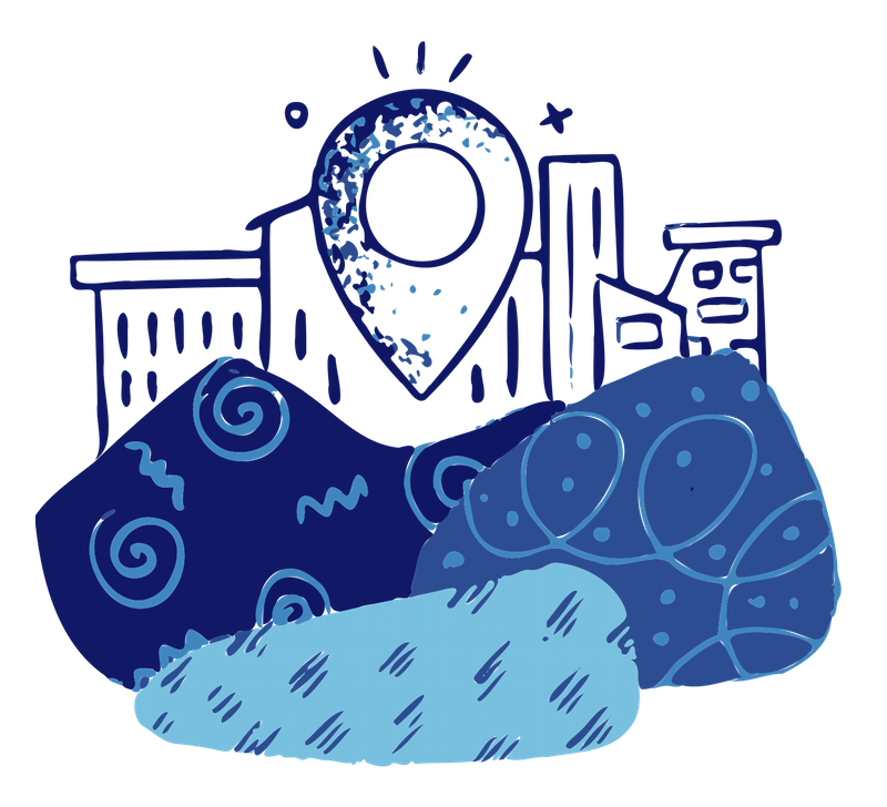 Illustration of buildings in the background and a location icon in front.