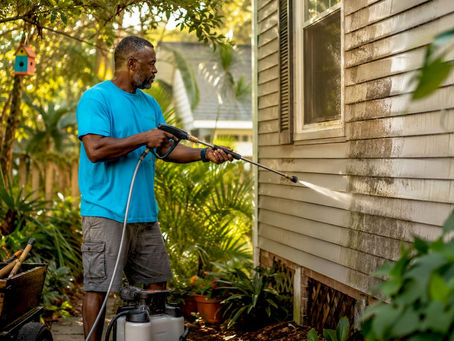 Man soft washing New Orleans house exterior