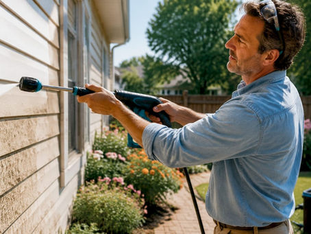Homeowner pressure washing house exterior siding