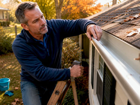 Homeowner inspecting clean gutters on ladder