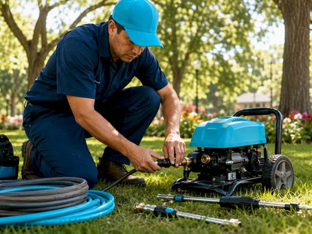 Technician preparing pressure washing equipment outdoors