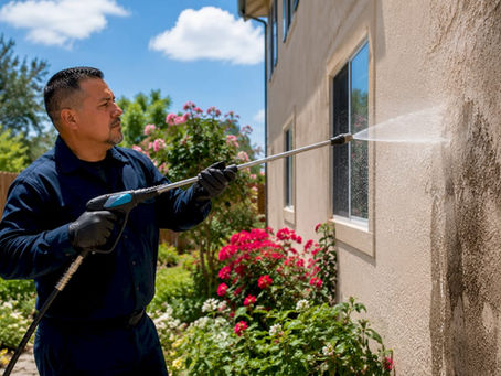 Maintenance worker power-washing residential building exterior