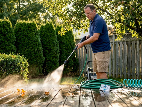 Man pressure washing wooden deck outdoors