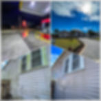 Gas Station Pressure washing and concrete pressure washing comparison, house wash and driveway cleaning, dirty algae coved siding, and cleaned and washed house siding