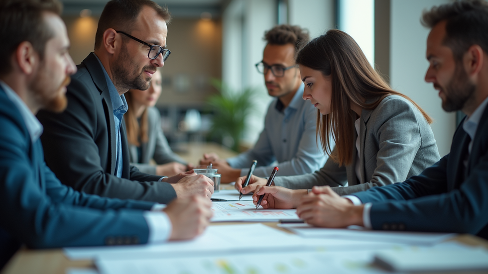 Eye-level view of a diverse group of professionals collaborating on a project