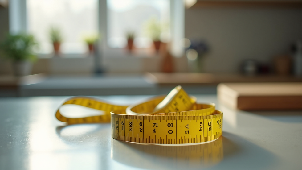 Close-up view of a measuring tape on a kitchen counter