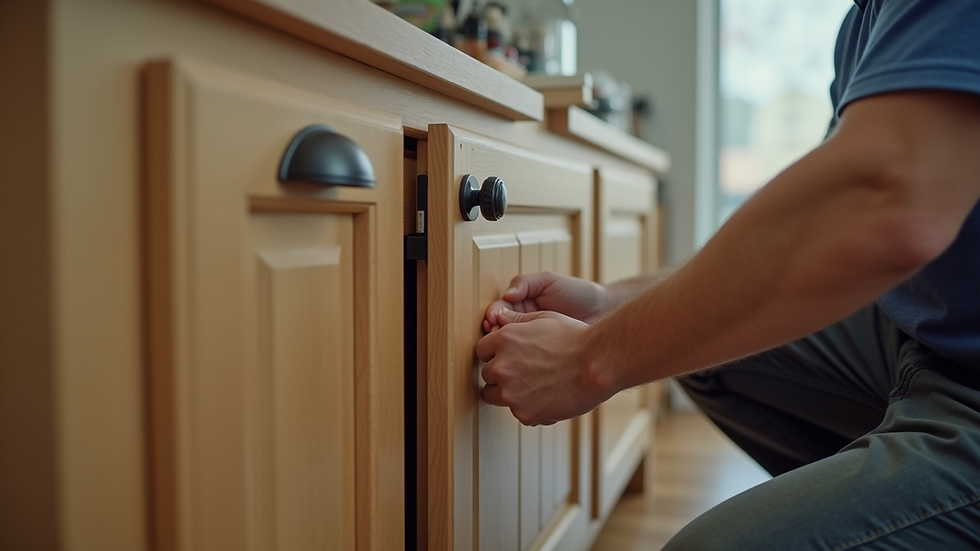 Eye-level view of a handyman fixing a kitchen cabinet door
