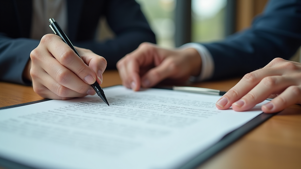 Close-up view of a contract being signed on a wooden table