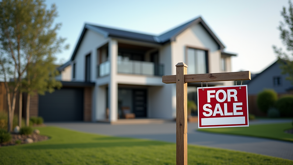 Eye-level view of a modern New Zealand home with a "For Sale" sign