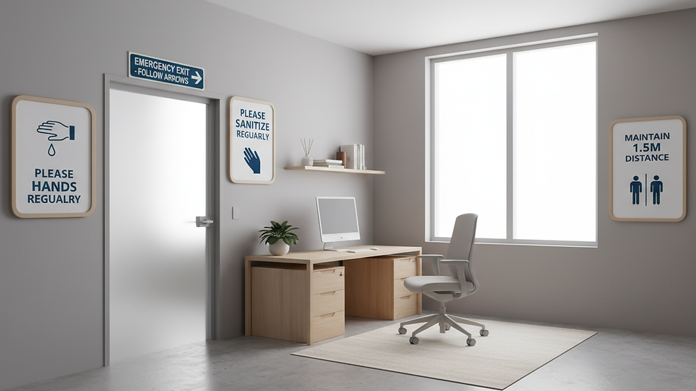 Eye-level view of a small business office with safety signs