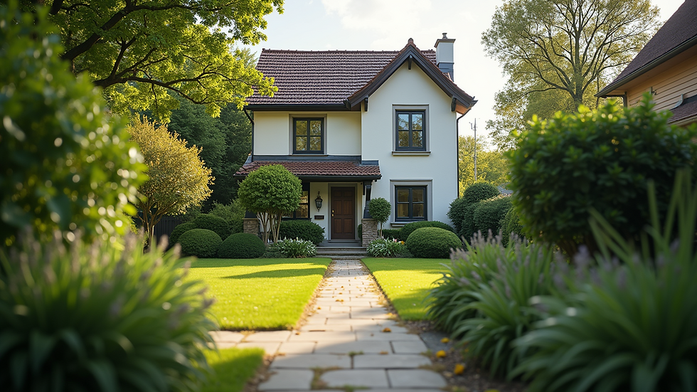 Eye-level view of a suburban house with a well-maintained garden