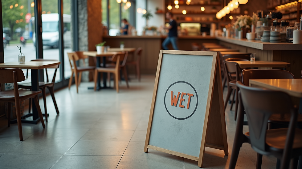 High angle view of a café interior with a wet floor sign