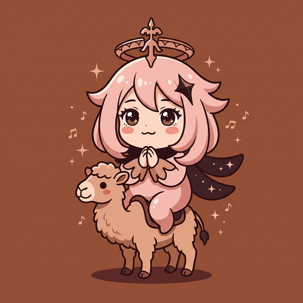 Cute chibi-style Paimon child on a camel with musical notes