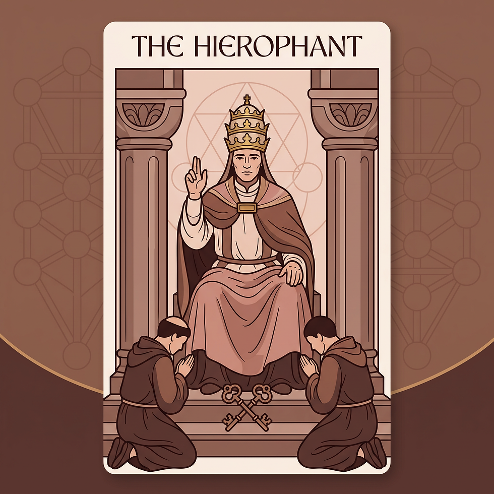 Illustrated tarot card of The Hierophant in warm brown and cream tones