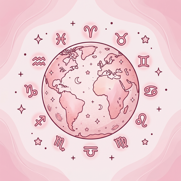 Pink hand-drawn globe with zodiac symbols