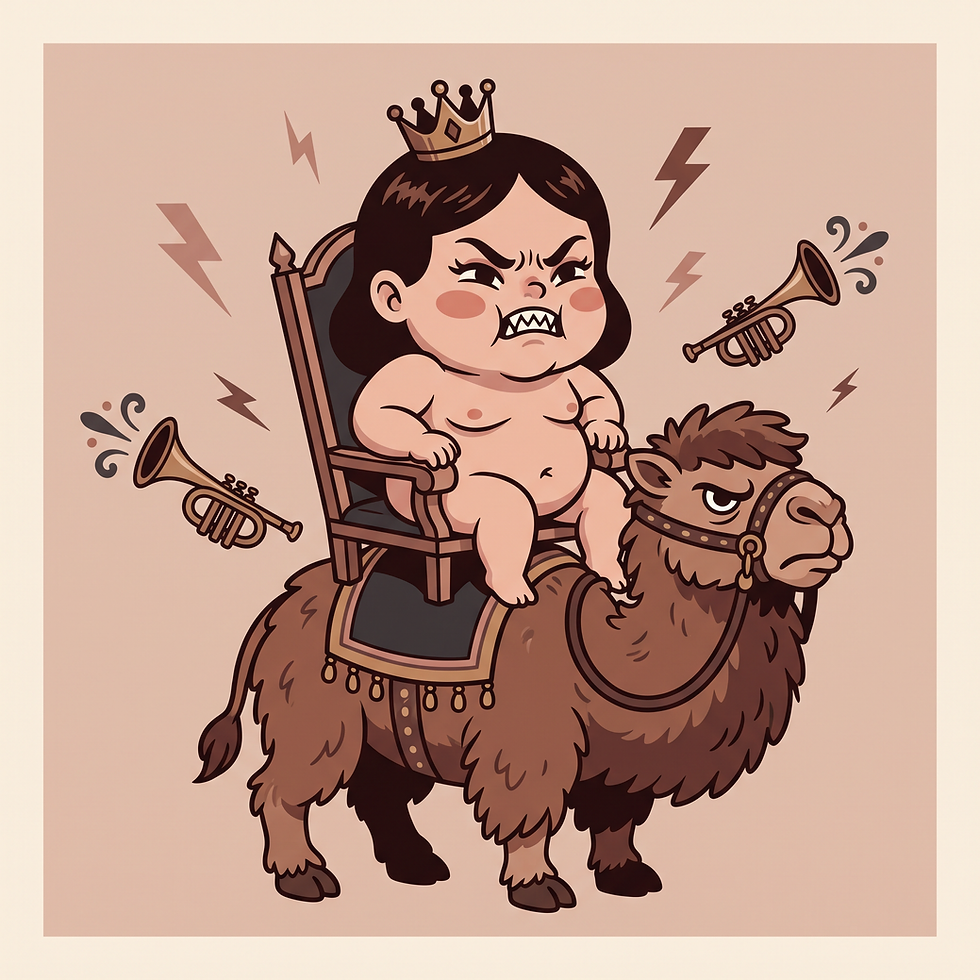 Angry baby king on camel with trumpets