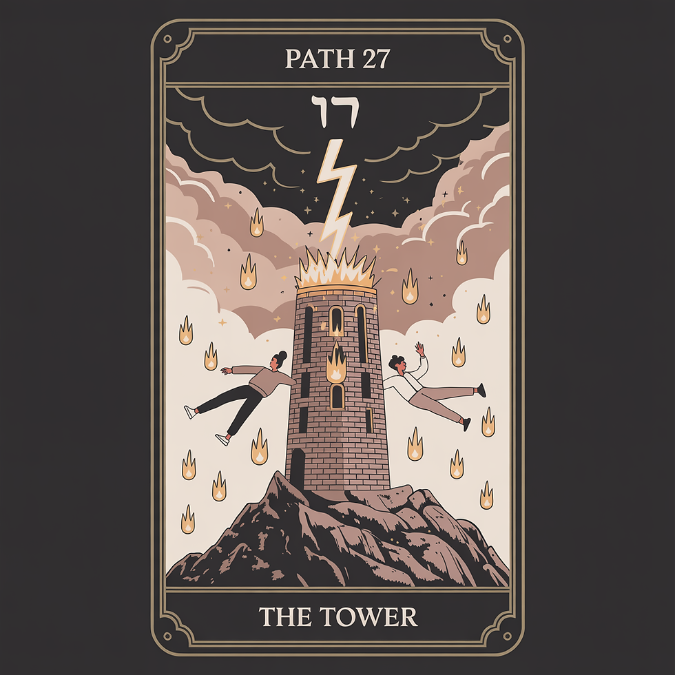 Illustrated tarot-style card for Path 27 The Tower