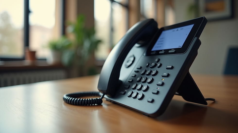 Close-up view of a sleek VoIP desk phone on a wooden table