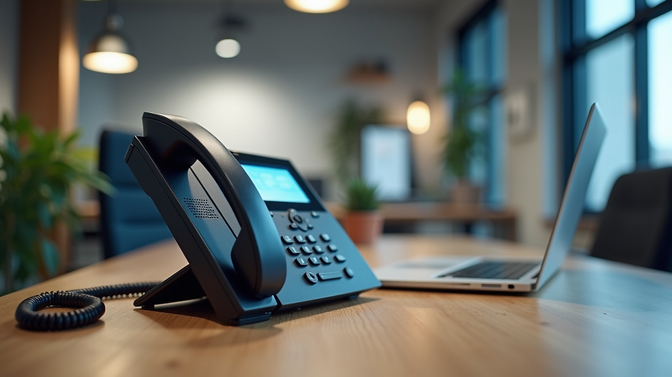 Eye-level view of a modern office desk with a VoIP phone and laptop