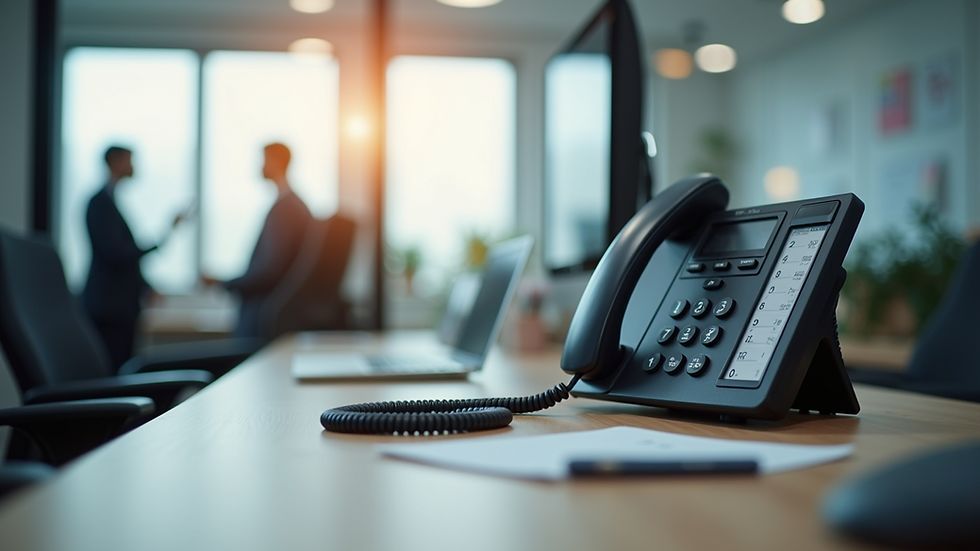 Eye-level view of a modern office desk with a VoIP phone and computer