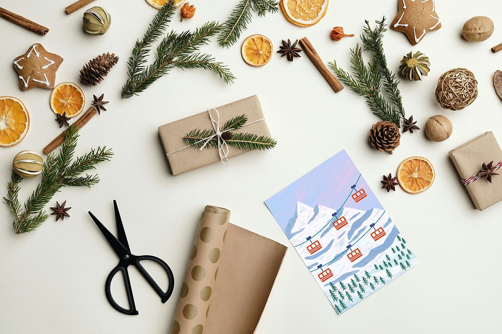 Thumbnail: Cable Car Christmas Card – Snowy Mountain Ski Scene Illustration