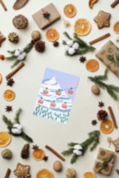 Cable Car Christmas Card – Snowy Mountain Ski Scene Illustration