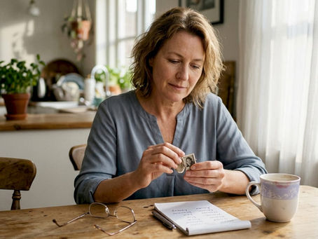 Woman opening memorial locket at kitchen table