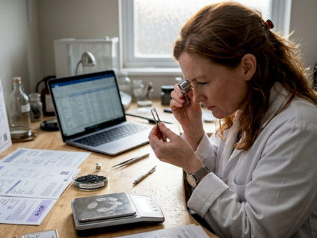 Gemologist examining lab-grown diamond at workbench