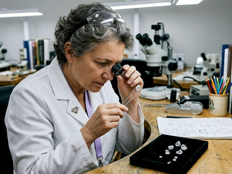 Gemologist examining lab-grown diamond at workbench