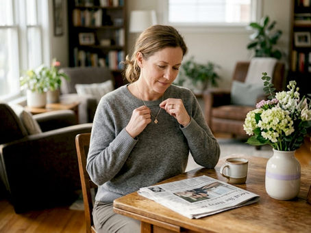 Woman touching memorial diamond necklace at home
