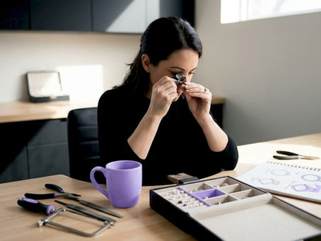 Jeweler examining stone at workbench in studio
