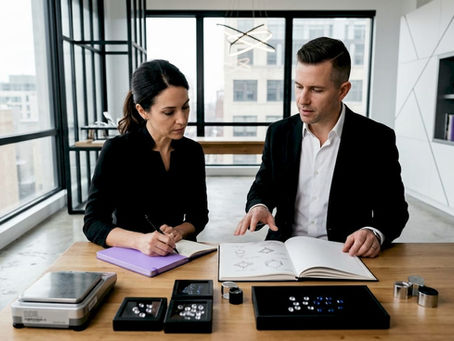 Client and jeweler consult in artisan diamond studio