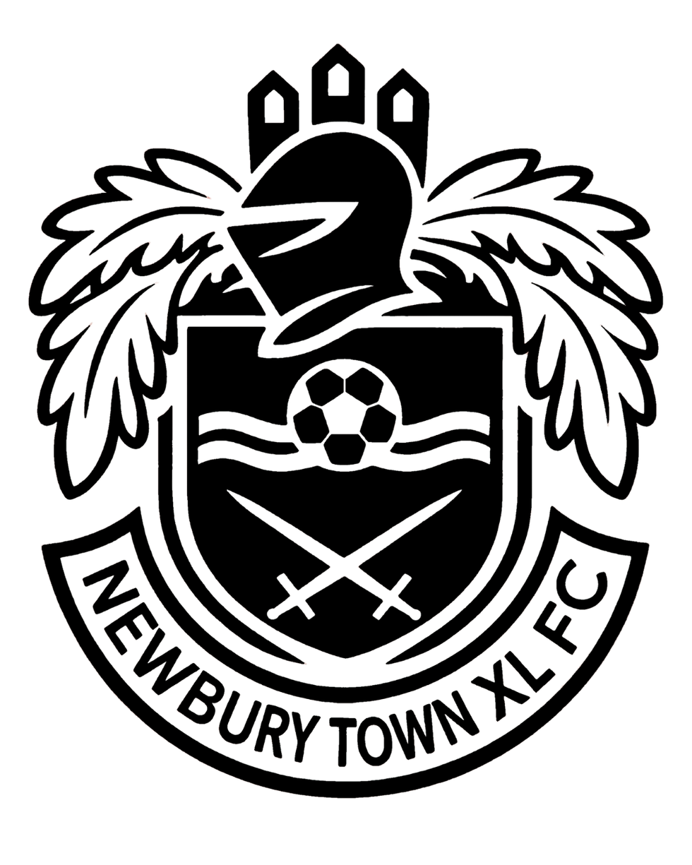 Coat of arms with a helmet, leaves, a ball, waves, and crossed swords. Text: Newbury Town XL FC. Black outline, regal design.