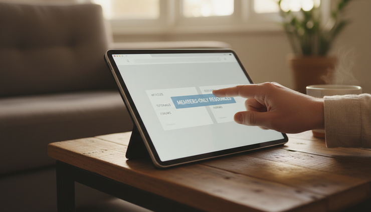 Close-up view of a hand tapping a members-only resources button on a tablet screen.