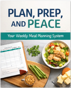Cover of Plan, Prep, and Peace, a digital meal-planning guide for busy professionals with worksheets, meal ideas, nutrition s
