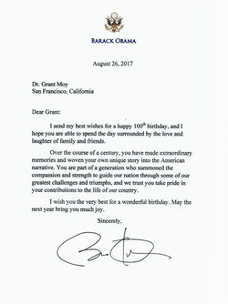 A letter Grant received from Barack Obama for his 100th birthday