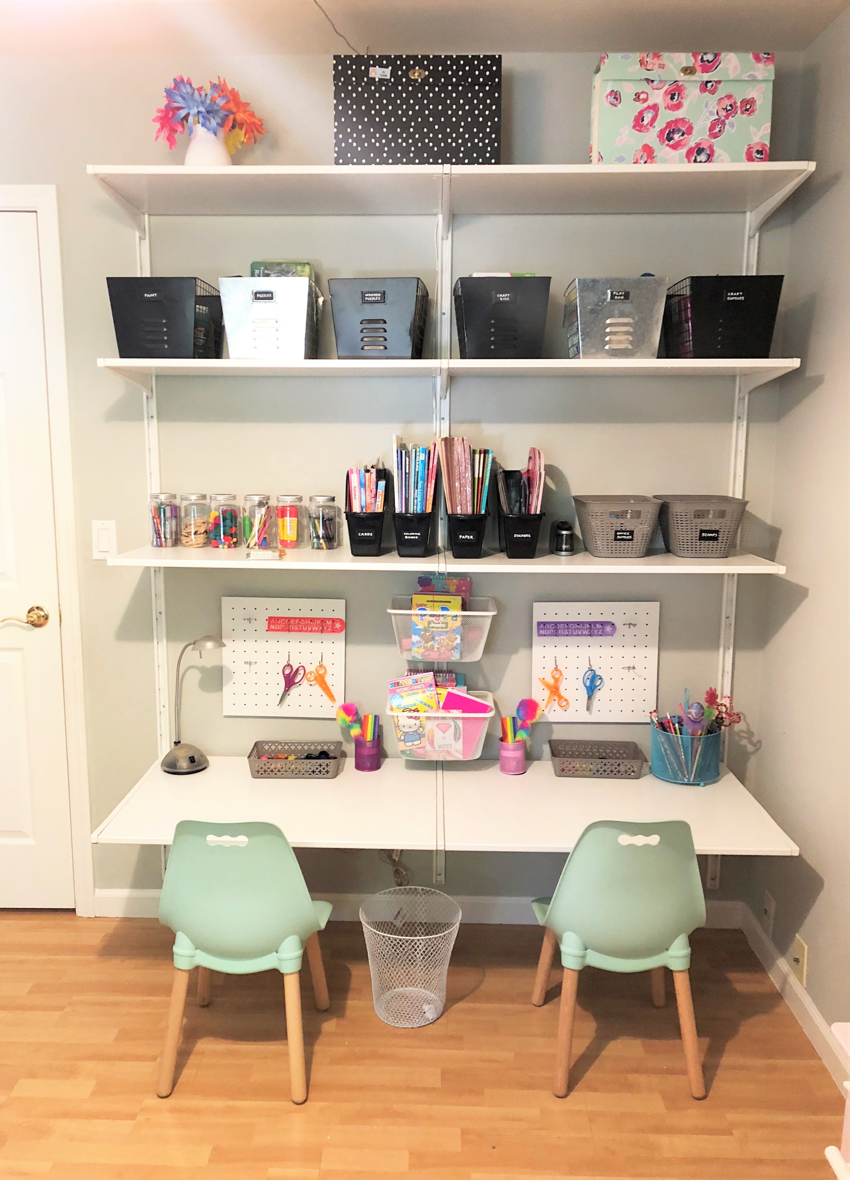 Shared Kids Desk And Shelf Get Pretty Organized