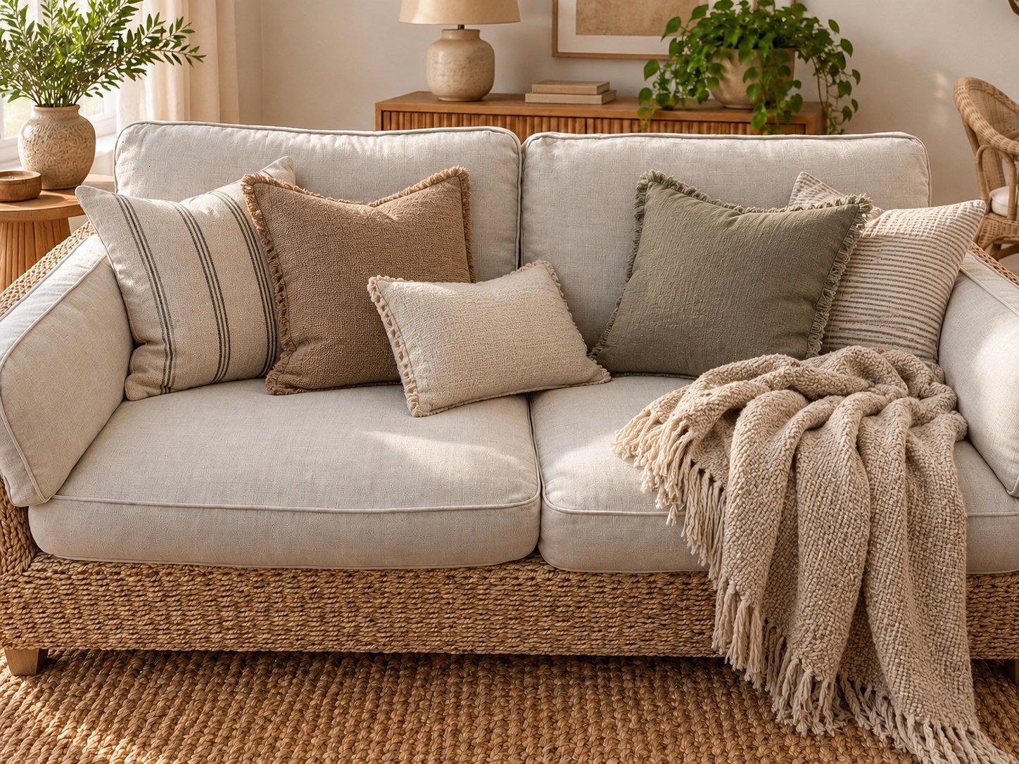 Vintage seagrass sofa styled with linen cushions and a fringed knitted throw