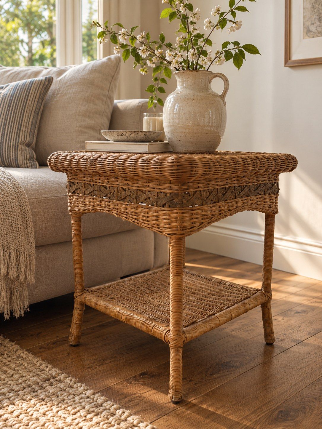 Woven wicker side table, vintage furniture from The Chestnut Studio