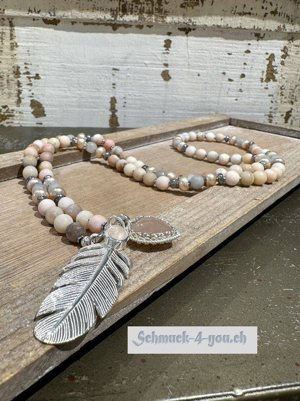 arubaS - Halskette Pinkopal, Süsswasserperlen, Labradorit, Grauquarz & Hämatit