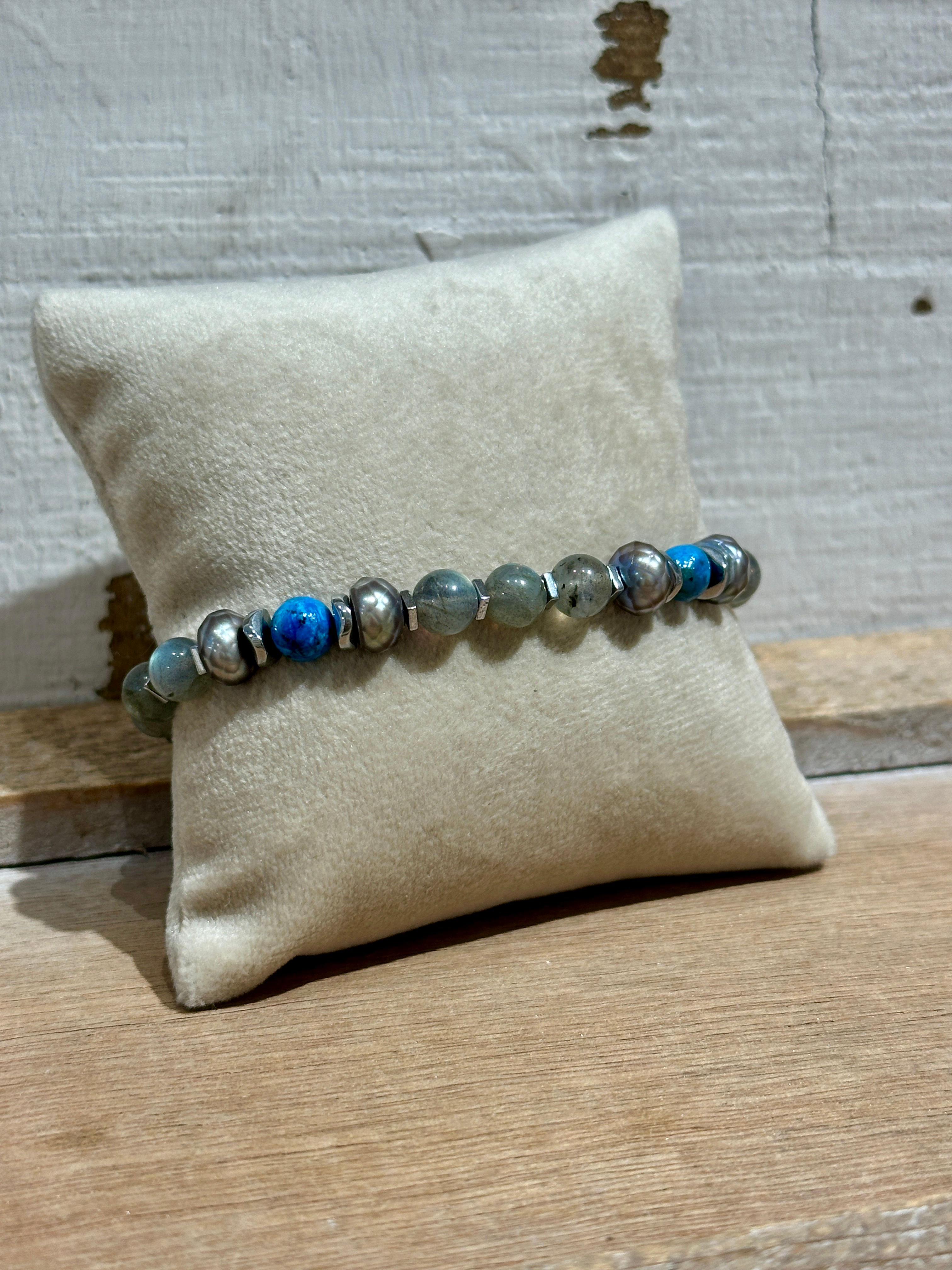 arubaS - Armband  Labradorit, Süsswasserperlen, Opal türkis und Hämatit