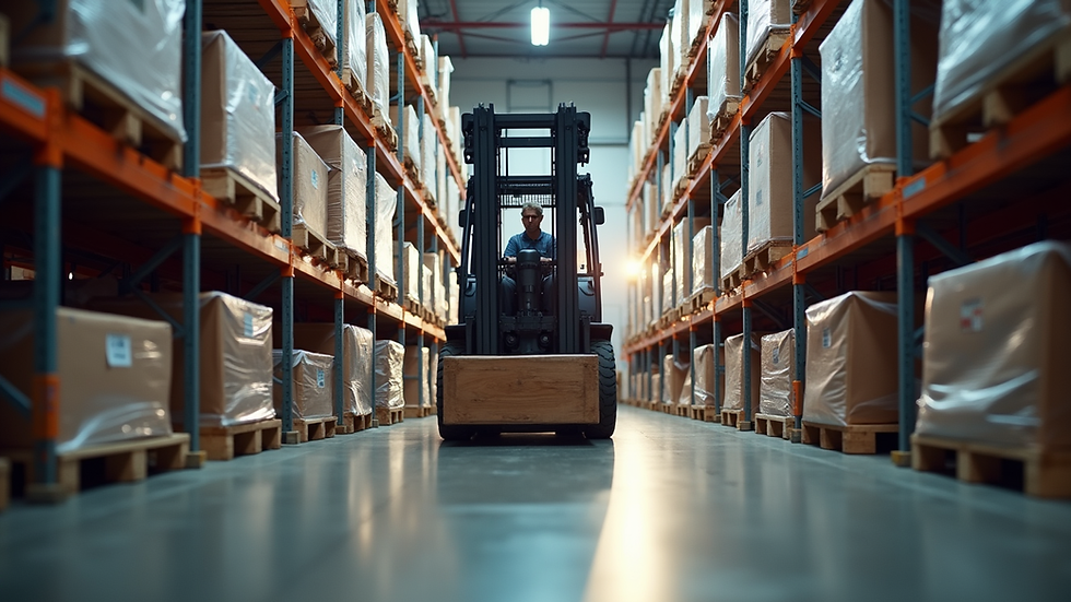 Eye-level view of forklift lifting pallets in a warehouse